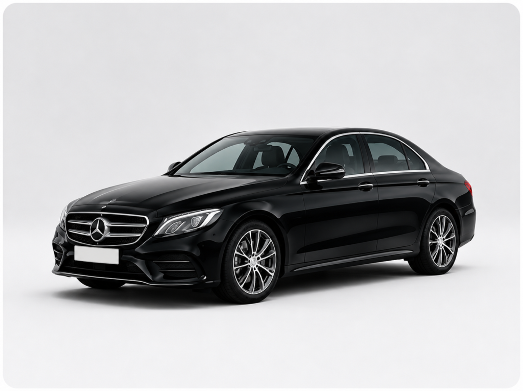 Black Mercedes-Benz sedan. Driver Leman.