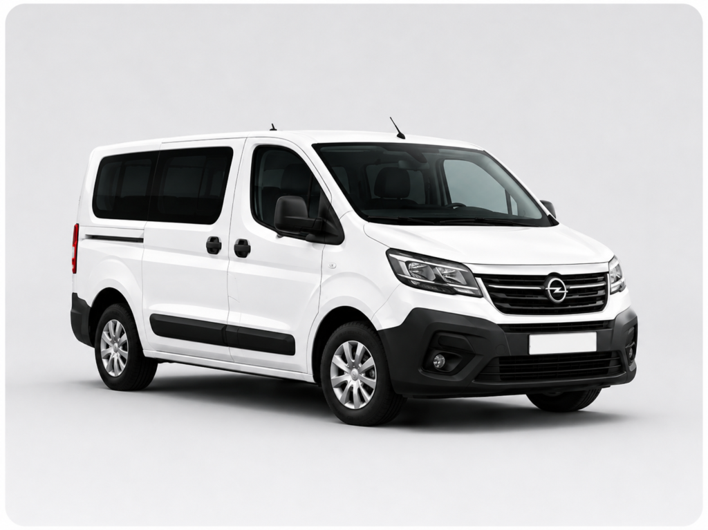 White Opel Vivaro passenger van: Driver Leman.