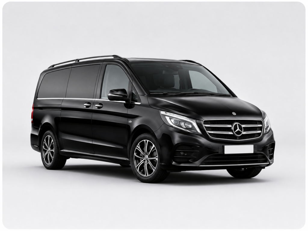 Black Mercedes-Benz V-Class luxury van: Driver Leman.